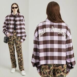 Palm Angels | Purple Brown Buffalo Check Plaid Logo Flannel Shirt Jacket 40 US L